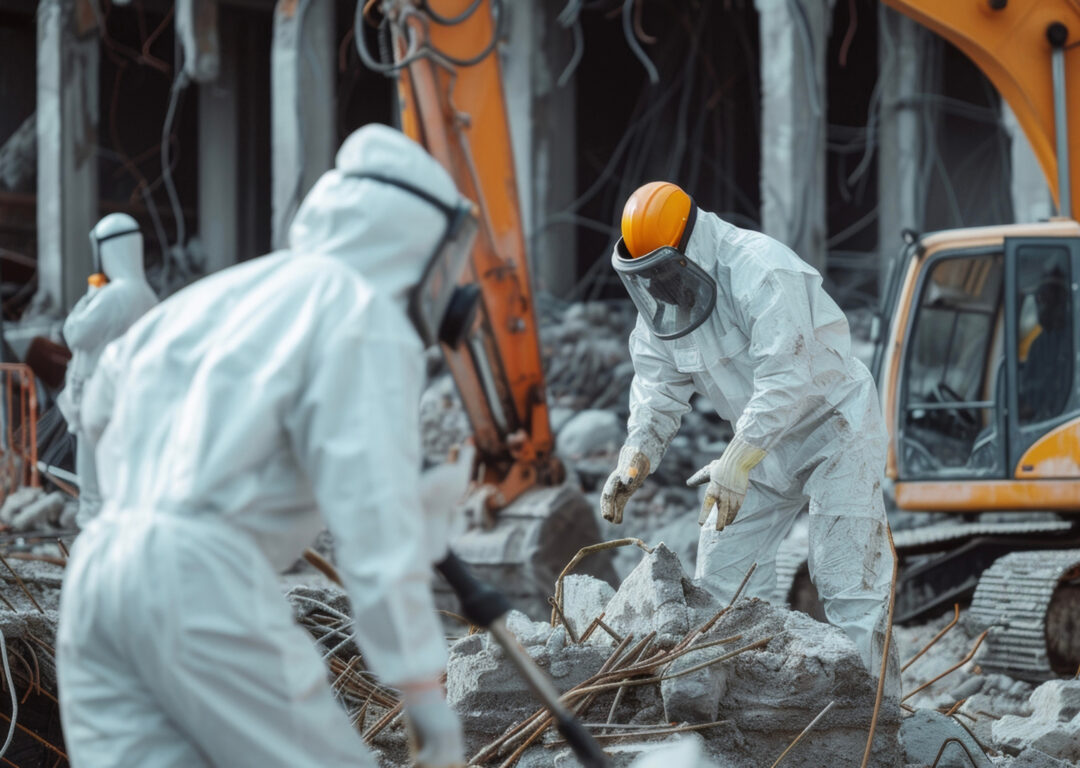 A crew in full protective gear carefully removing asbestos and other hazardous materials from a demolition site ensuring a safe and clean work environment.