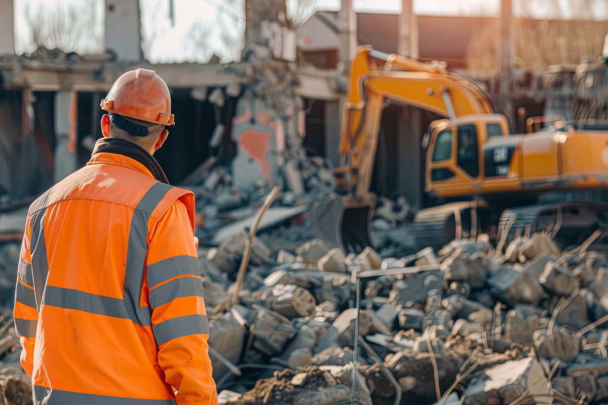 Demolition man. Worker foreman inspector builder at a demolition site in an orange hi-vis vest and helmet.