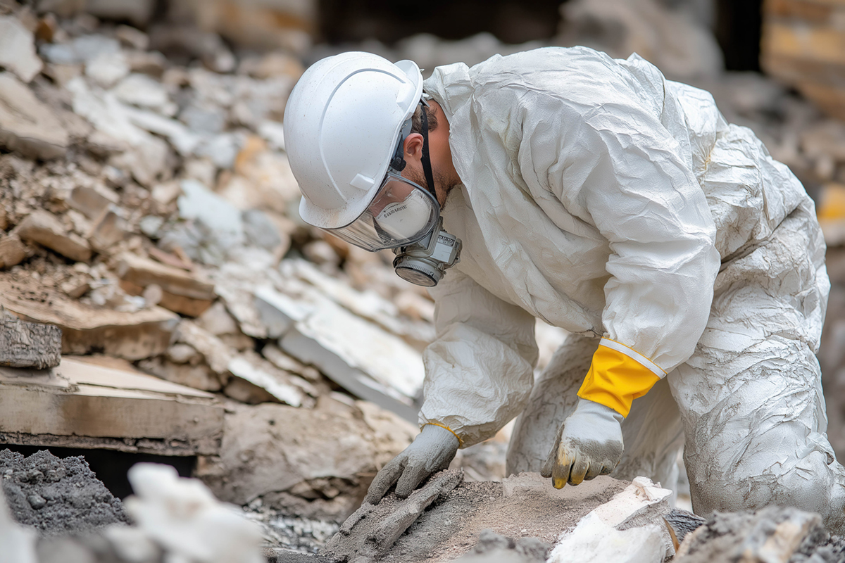 Asbestos abatement on a demolition site.
