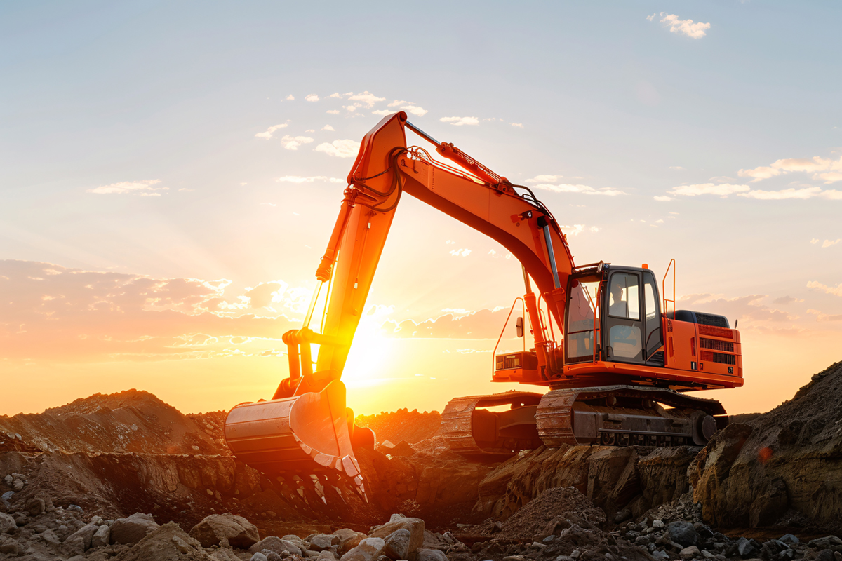 Orange digger digging up soil at sunset.